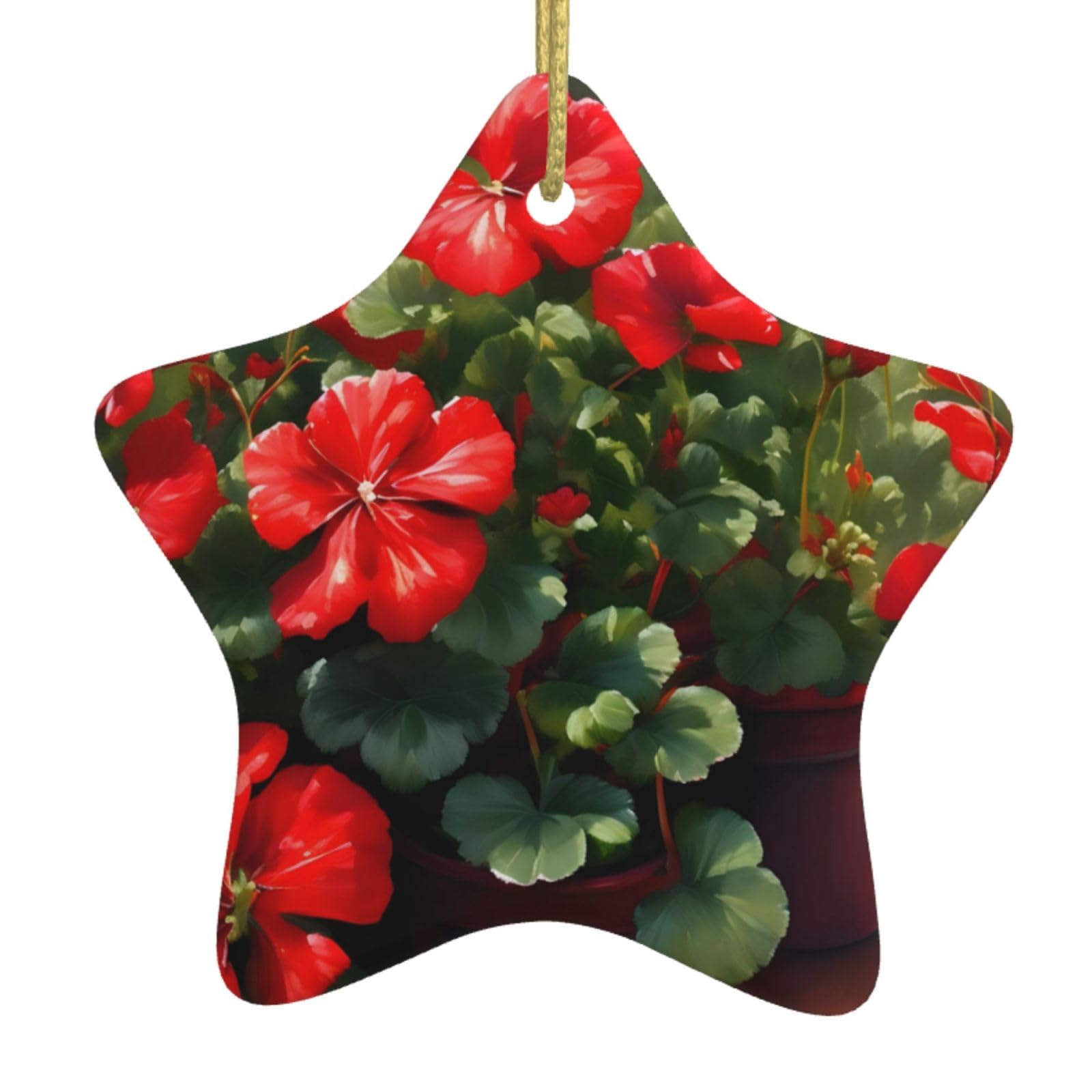 Red Geraniums Christmas Ceramic Star Pendant with Punched Holes and Gold Wire Rope, Christmas Tree Home Decoration