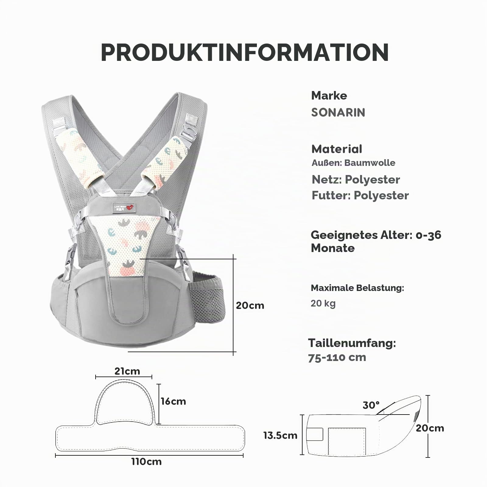 SONARIN Einfache Babytrage Hüftsitz,Multifunktionale Atmungsaktive Babytragetasche Baby Hüftsitz Kindertrage Ergonomische Baby Tragesystem Bauchtrage Rückentrage für 0-36 Monate(Grau)
