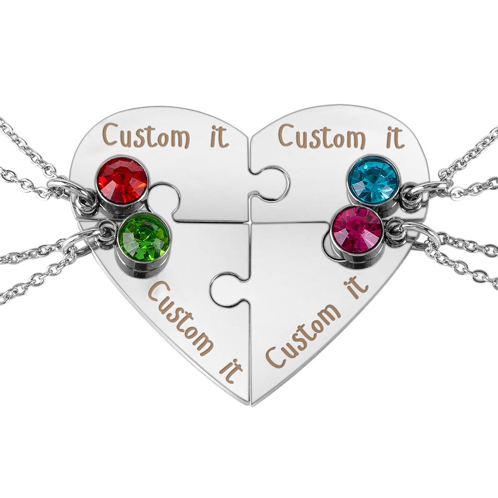 Fanery Sue Personalized Matching Heart Puzzles Pieces Custom Name Birthstone Friendship Necklaces for Best Friends of 4