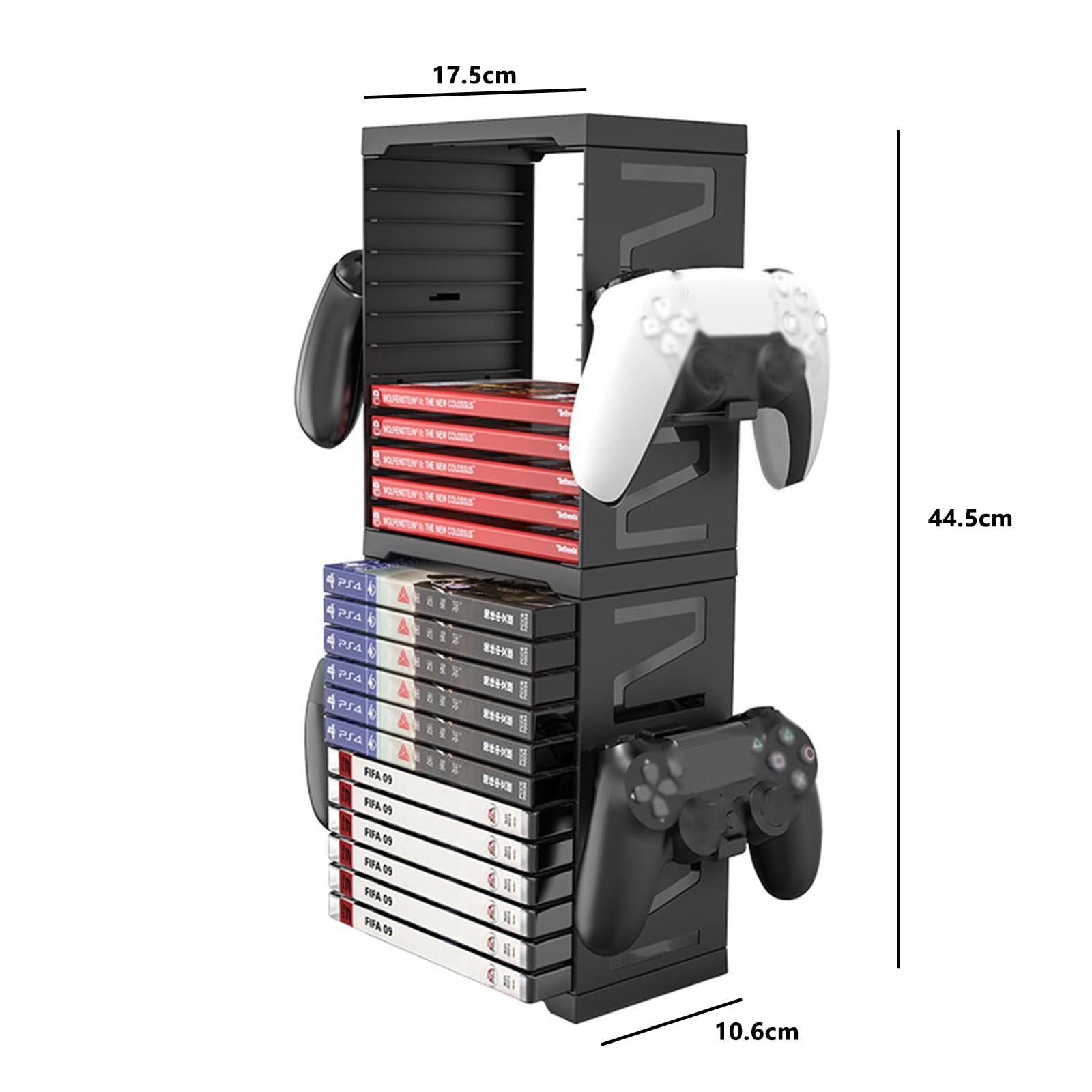 Torre de Almacenamiento de Videojuegos, Doble Capa Estante de Disco para Videojuegos de 24 Rejillas, con 4 Soportes para Controladores para Controladores para PS5, PS4