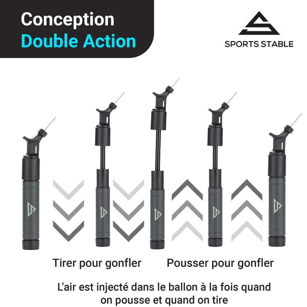 Pompe à Ballon Double Action avec 5 Aiguilles, Pompe à Air Manuelle pour Football, Basket, Volley, Rugby, Handball et Autres Ballons Gonflables