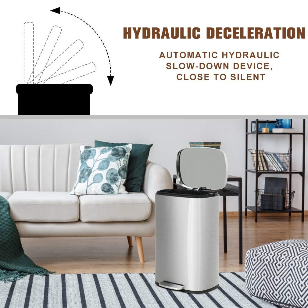 BestOffice 13 Gallon (50L) Trash Can with Lid Garbage Can Commercial Trash Can with Soft-Close Foot Pedal Fingerprint Proof Stainless Steel for Kitchen Home Office Bedroom Bathroom