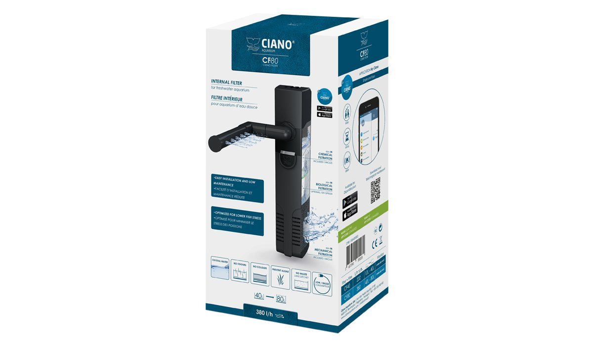 Ciano CF80 Filtre interne pour aquarium - Débit de 380L/h. Convient pour les aquariums de 40-80L.