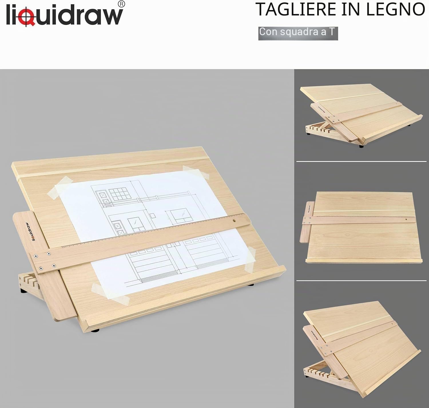Liquidraw Tavola da disegno A2, 6 angoli regolabili, legno massello, righello quadrato T 60 cm, portatile, cavalletto da tavolo 64,8 x 47 cm