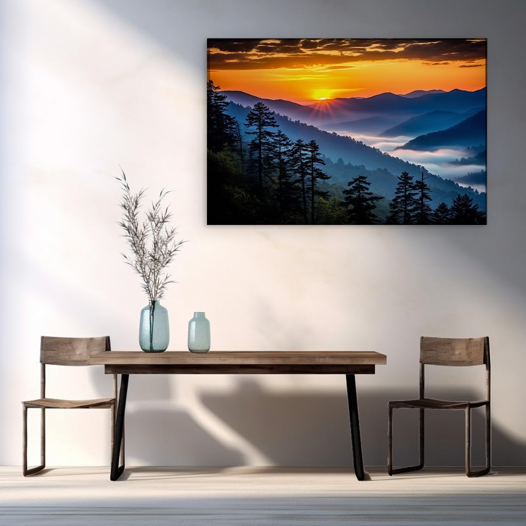 Canvas for Living room. Dawn's Embrace: A Symphony of Colors in the Great Smoky Mountains Sunrise, 27 x 18 inch Canvas Wall Art - Contemporary Masterpieces - Modern Home Decor - 69x46 cm (27x18 inch)