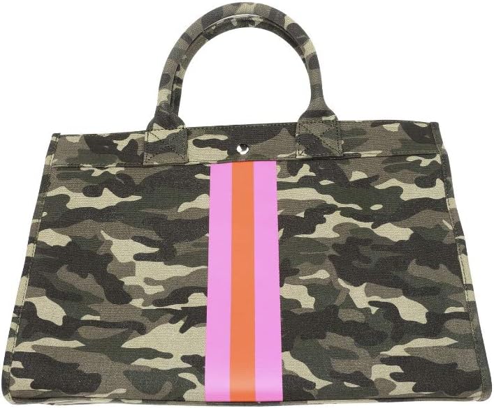 Camouflage Tote Handbag with Stripes, Stylish, Trendy, Preppy, Fashionable, Upscale Bag, Detachable Strap, Inside Pockets, Designer Purse Exclusive to, 10” x 15”