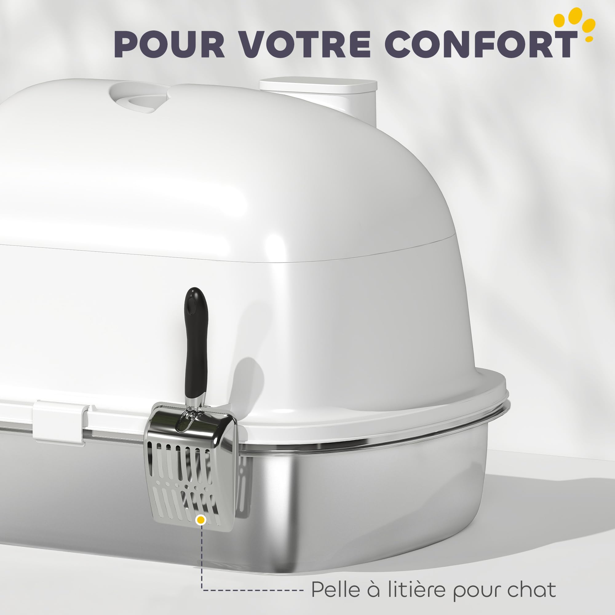 PawHut Maison de Toilette pour Chat, bac à litière fermé, bac en Acier Inoxydable, Anti-fuites, Nettoyage Facile, Sac désodorisant Inclus, Charge 5 kg, 52,4 x 41,3 x 39,9 cm, Blanc