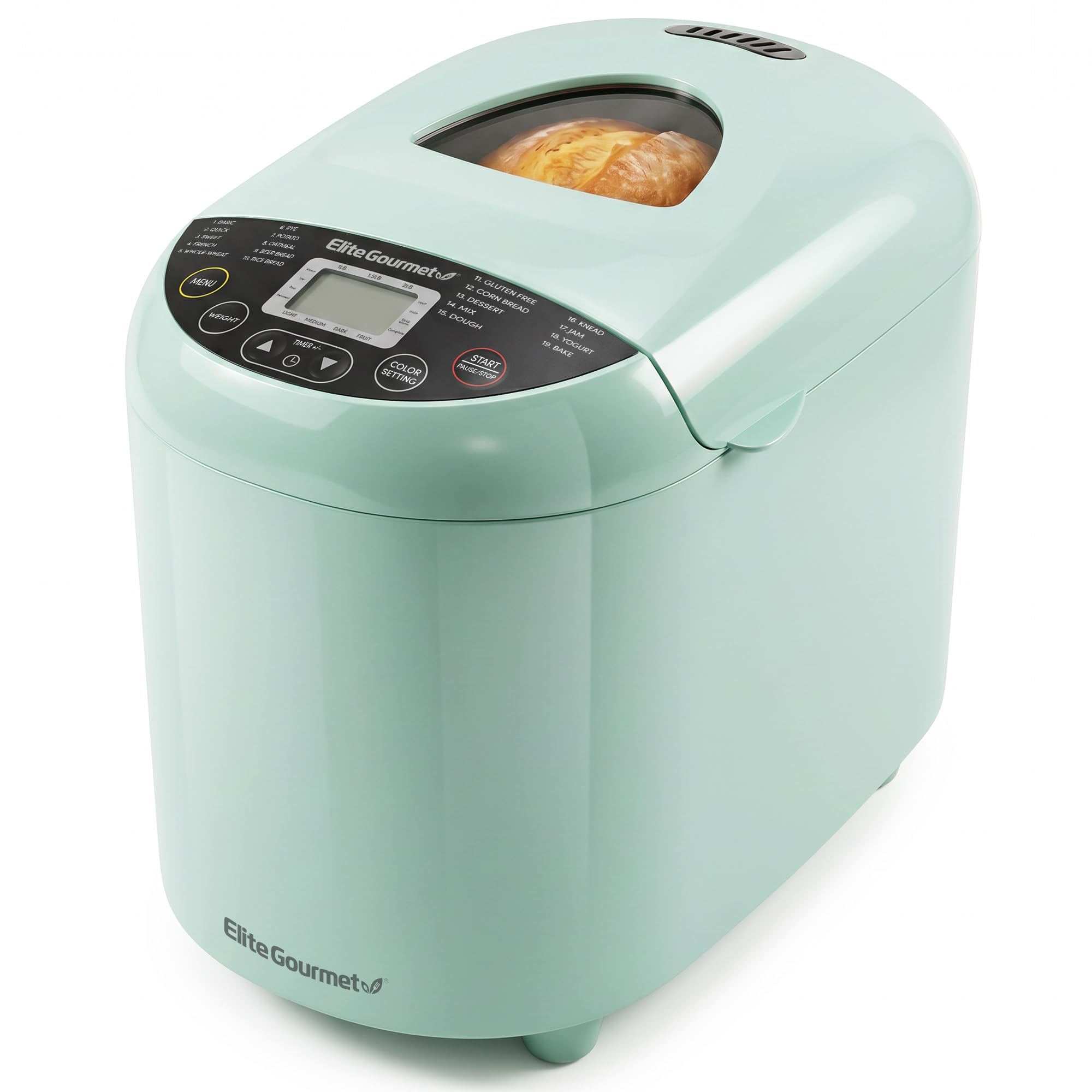 Elite Gourmet EBM8103M - Máquina programable para hacer pan, 3 tamaños de pan, 19 funciones de menú, sin gluten, trigo blanco, centeno francés y más, 2 libras, menta