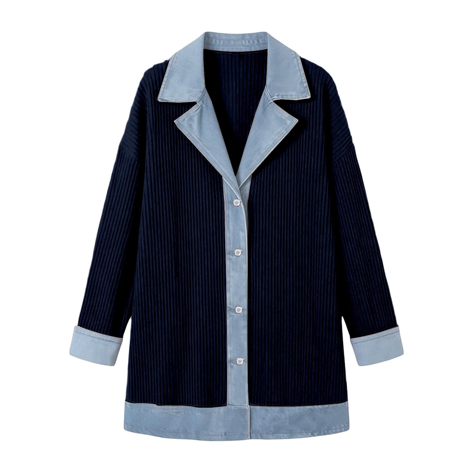 Veste en jean pour femme - Veste en jean côtelée polyvalente et légère - Veste mi-saison moulante - Manteau long en tricot décontracté vintage - Avec empiècements en denim - Col à revers contrasté