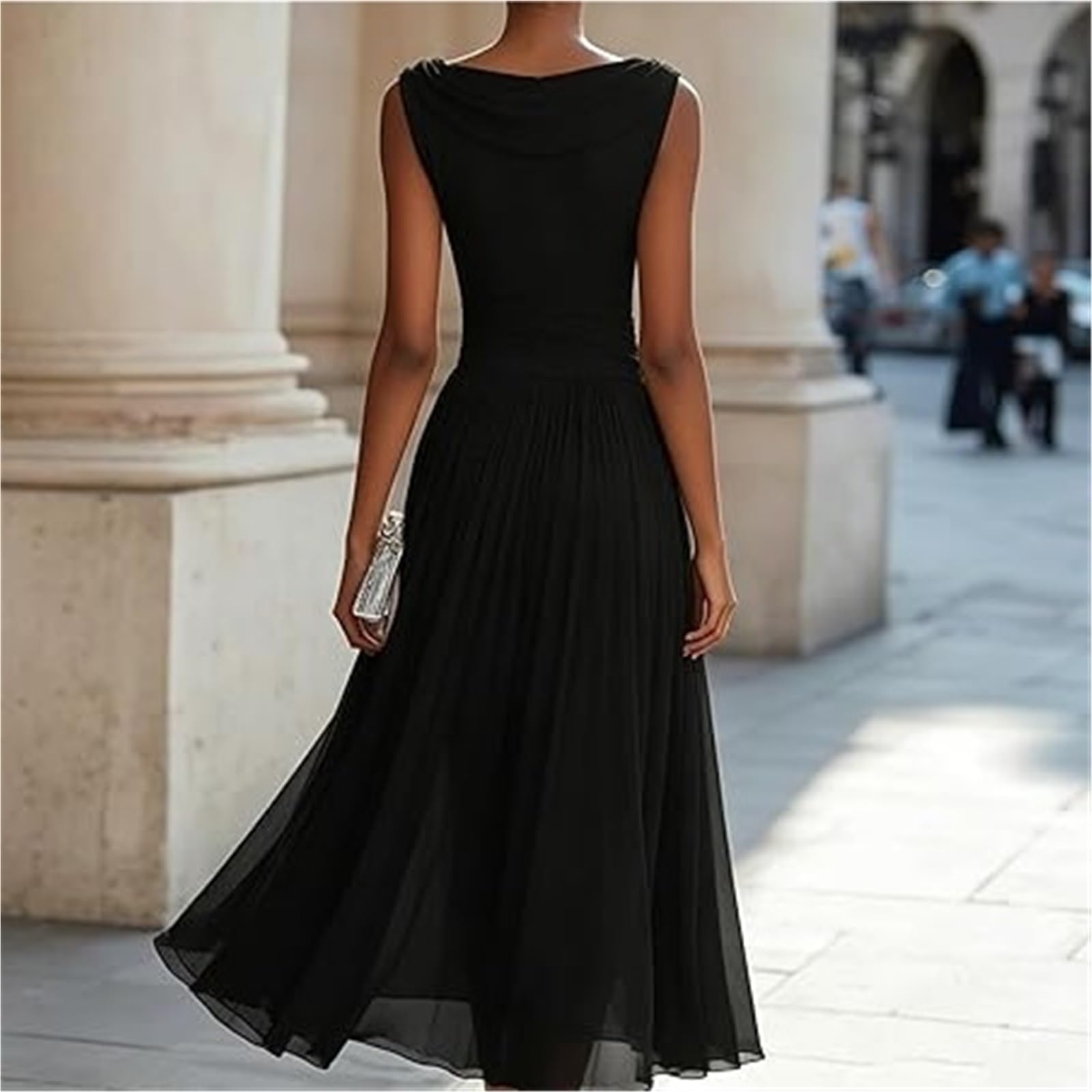 Abito Midi in Chiffon con Scollo Drappeggiato Abito Longuette in Chiffon con Collo Drappeggiato, Abiti da Cerimonia Nuziale Senza Maniche ad Anello, Abito Maxi Elegante e Fluido