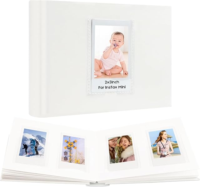 64 Pockets Mini Photo Album with Writing Space, Front Window, Photo Album 3 Inch Compatible with Fujifilm Instax Mini 12 11 9 8 Film, Polaroid 300, HP Sprocket, K-pop Photocards (White)
