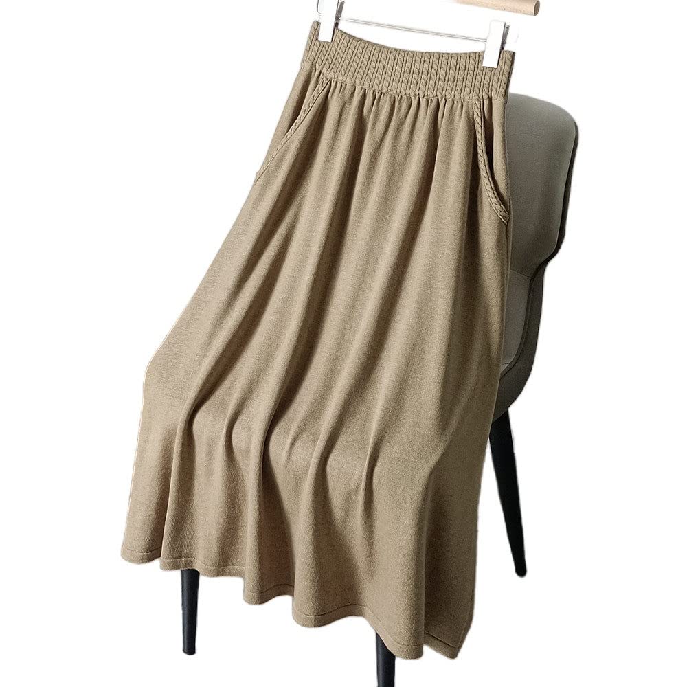 Röcke Damen,Damen-Midirock Hellbraun Elastischer, Gestrickter Faltenrock Mit Hoher Taille Und Tasche, A-Linie, Schaukel, Gerüscht, Lässig, Herbst, Winter, Lange Röcke Für Mädchen, Damen