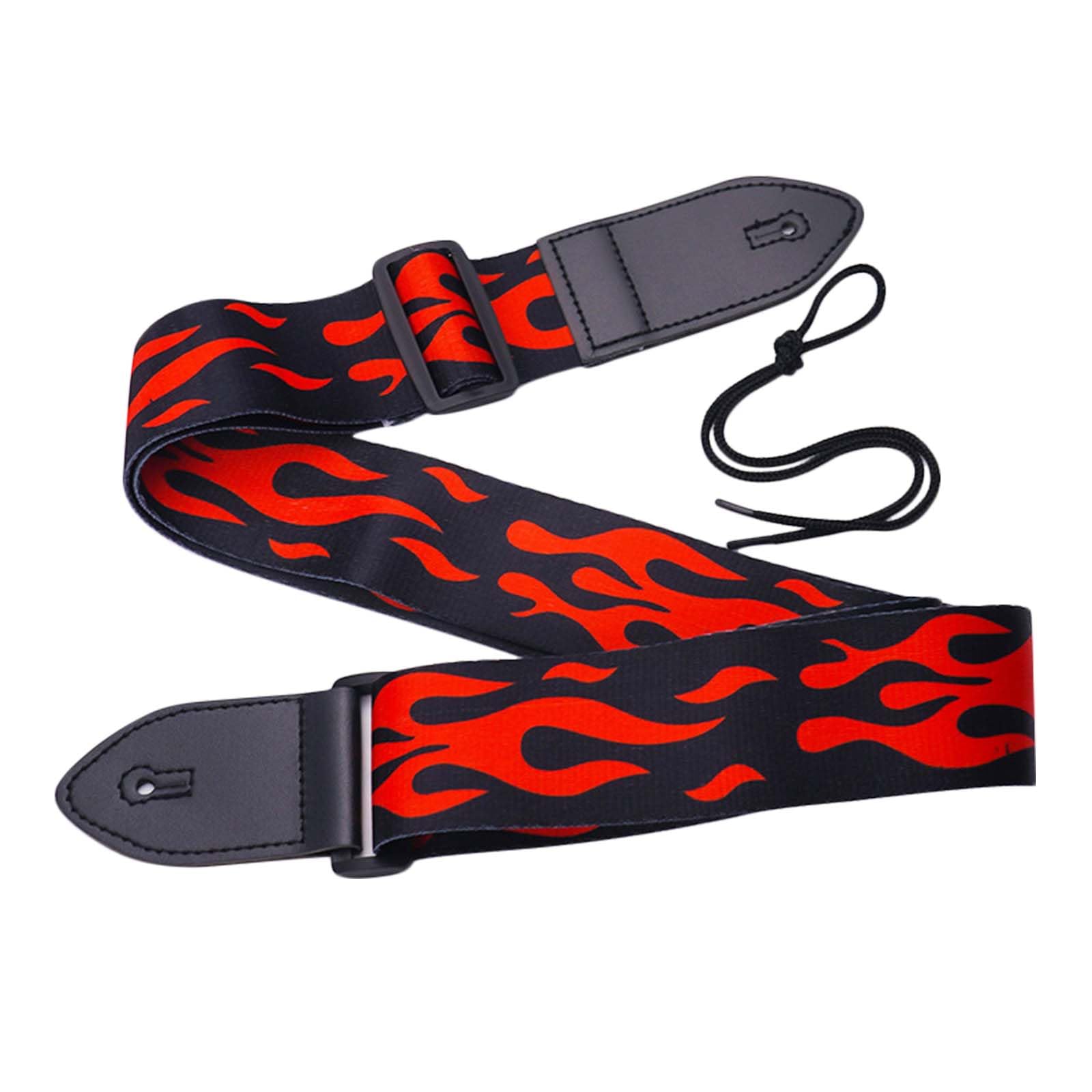 Uesdu Unisex Red Guitar Strap Acoustic Flame Electric Bass Guitar Shoulder Straps 5Cm Wide Personalized Printing Shoulder Belt With Leather End