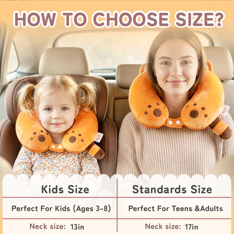 Image of Kids Travel Neck Pillow for Ages 3-8 with Memory Foam, Red Panda | Removable cover, 13 in neck size, machine washable, hidden zipper, head and chin support, car seat and airplane use