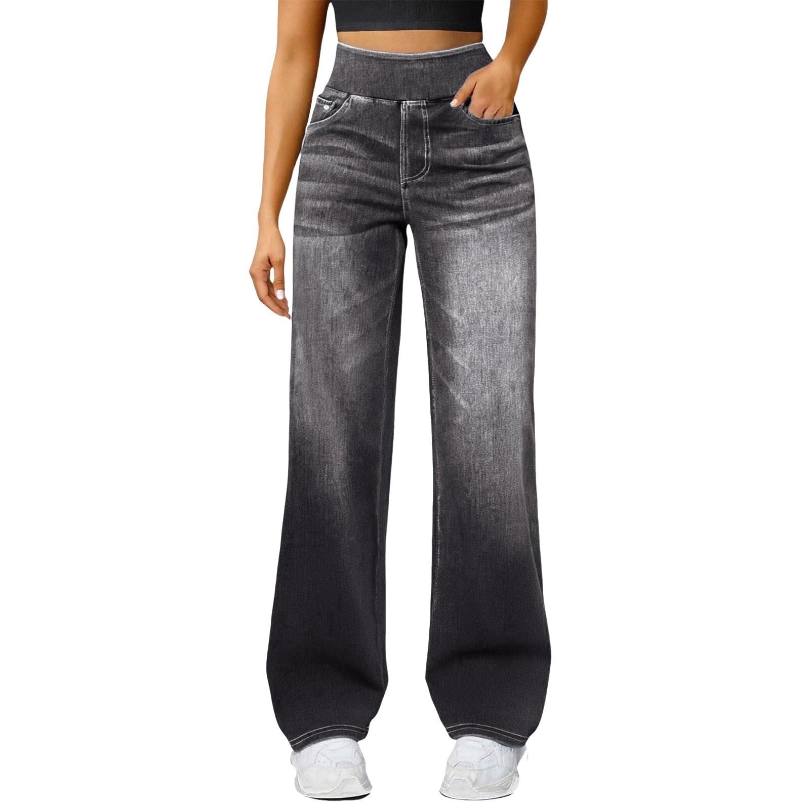 Generisch Jeans da donna a gamba larga, colore blu scuro, a vita alta, dritti, con tasche, pantaloni in denim larghi da infilare, leggeri, comodi, Y2K, elasticizzati