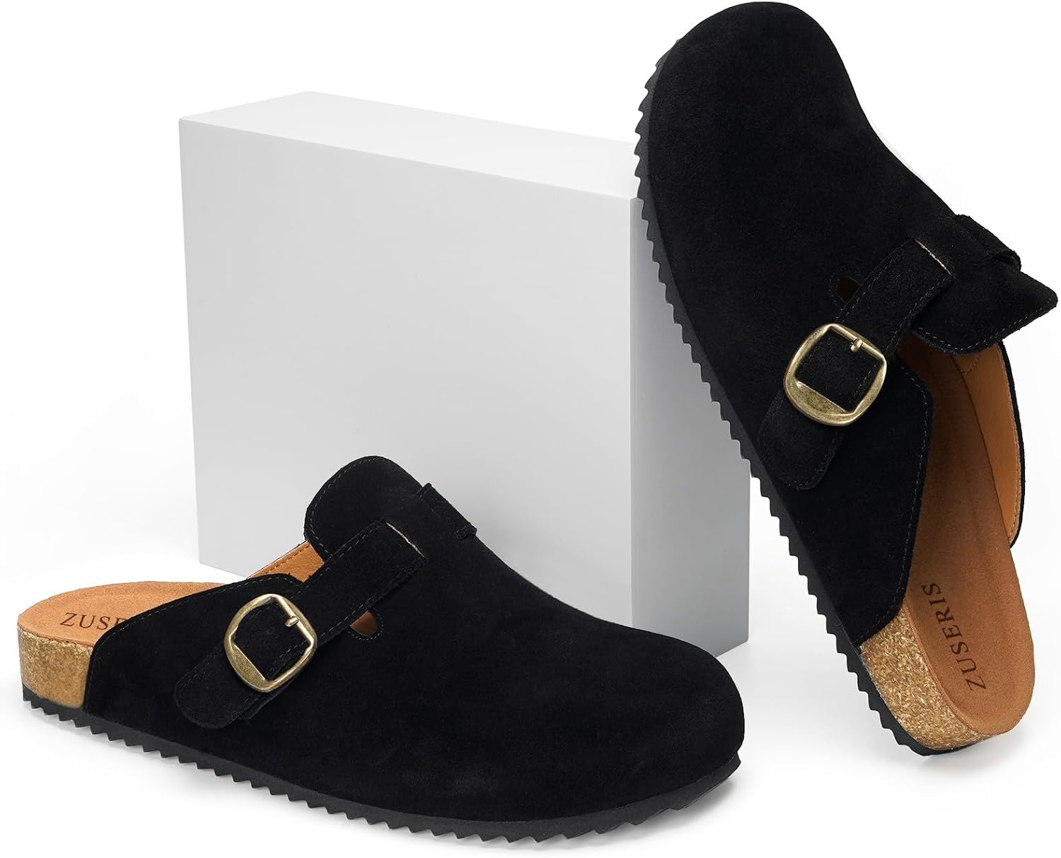 ZUSERIS Women's Men's Suede Clogs Wide Width Leather Mules Cork Footbed Sandals Slip on Comfort Potato Shoes with Arch Support