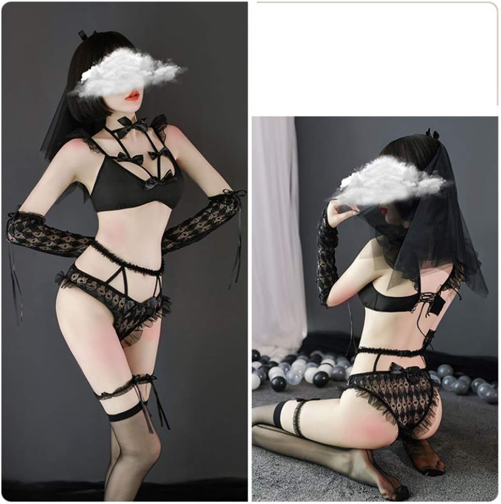 SINMIUANIME Sexy Bridal Lingerie Anime Maid Outfit Bra and Panty Sets Lace Oversleeve Cute