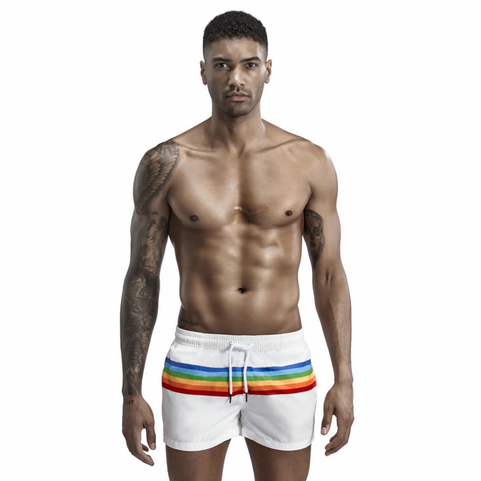 Sipumia Men's Pride Rainbow Stripe Swim Trunks Quick Dry Beach Shorts with Pockets White Rainbow Horizontal Stripe L
