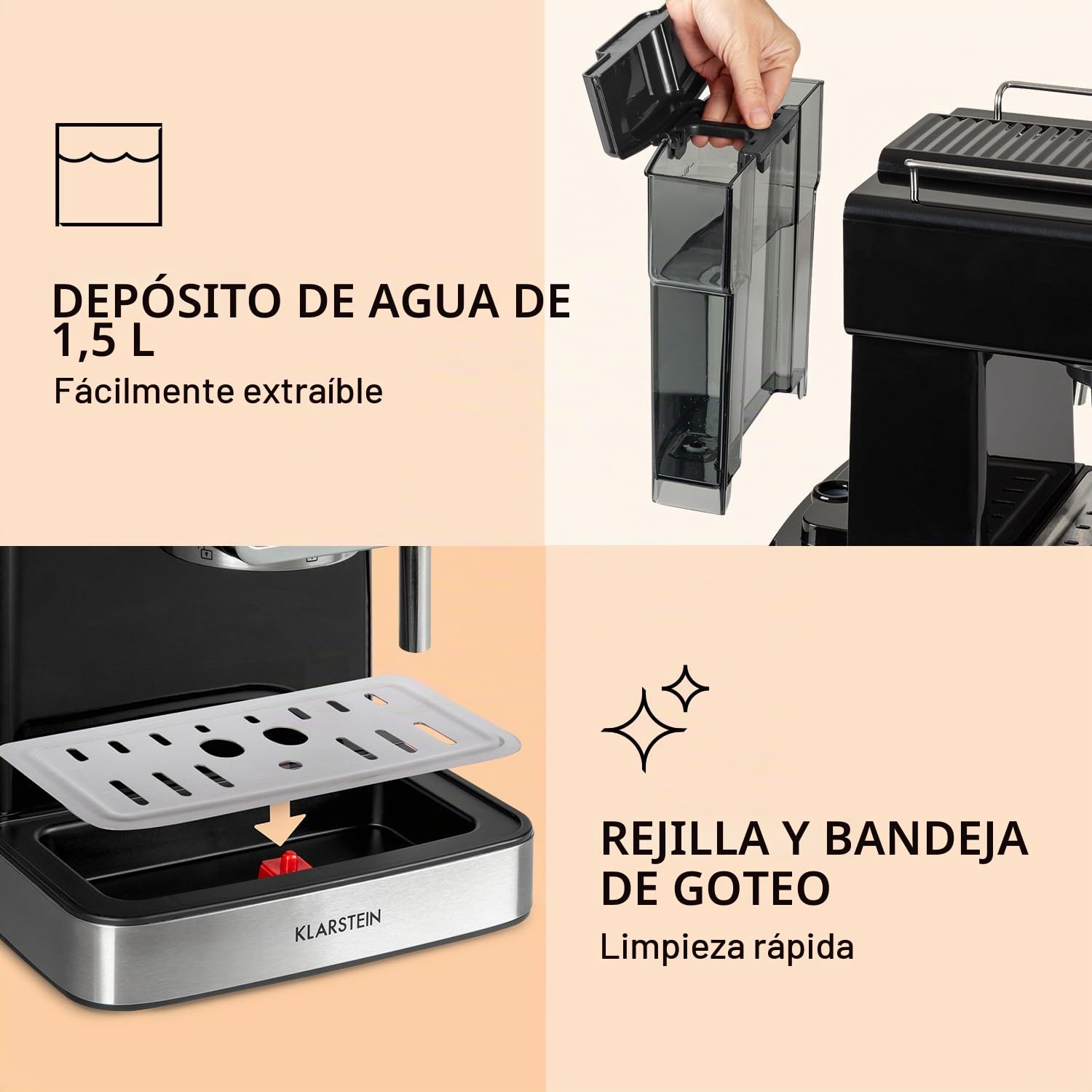 KLARSTEIN Gusto Classico - Cafetera de espresso, Potencia 1350 W, Presión bomba 20 bar, Depósito agua 1,5 L, Boquilla de espumado de leche, Barómetro, Filtro de aluminio para cápsulas de café, Negro