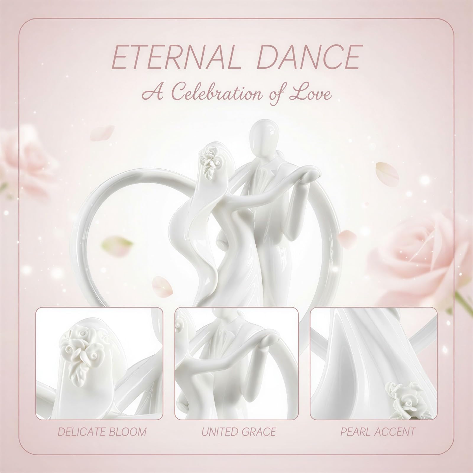 Keramik Cake Topper in Cremeweiß, tanzendes Brautpaar mit Herzmotiv, 18,2 cm hoch, Hochzeitsfigur als Sammlerstück für Empfang, Jubiläum sowie Deko für Zuhause und Büro