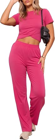 ZANZEA Women's Lounge Sets 2 Piece Workout Set Short Sleeve Crop Top and Wide Leg Outfits Athletic Tracksuits