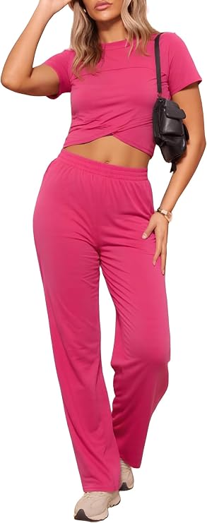 ZANZEA Women's Lounge Sets 2 Piece Workout Set Short Sleeve Crop Top and Wide Leg Outfits Athletic Tracksuits