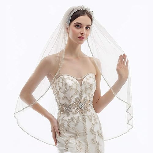 Miniatura 2 de Wedding Bride Veil 1 Tier Fingertip Length Pearls Crystal Beaded Edge Tulle for Bridal Veils with Comb