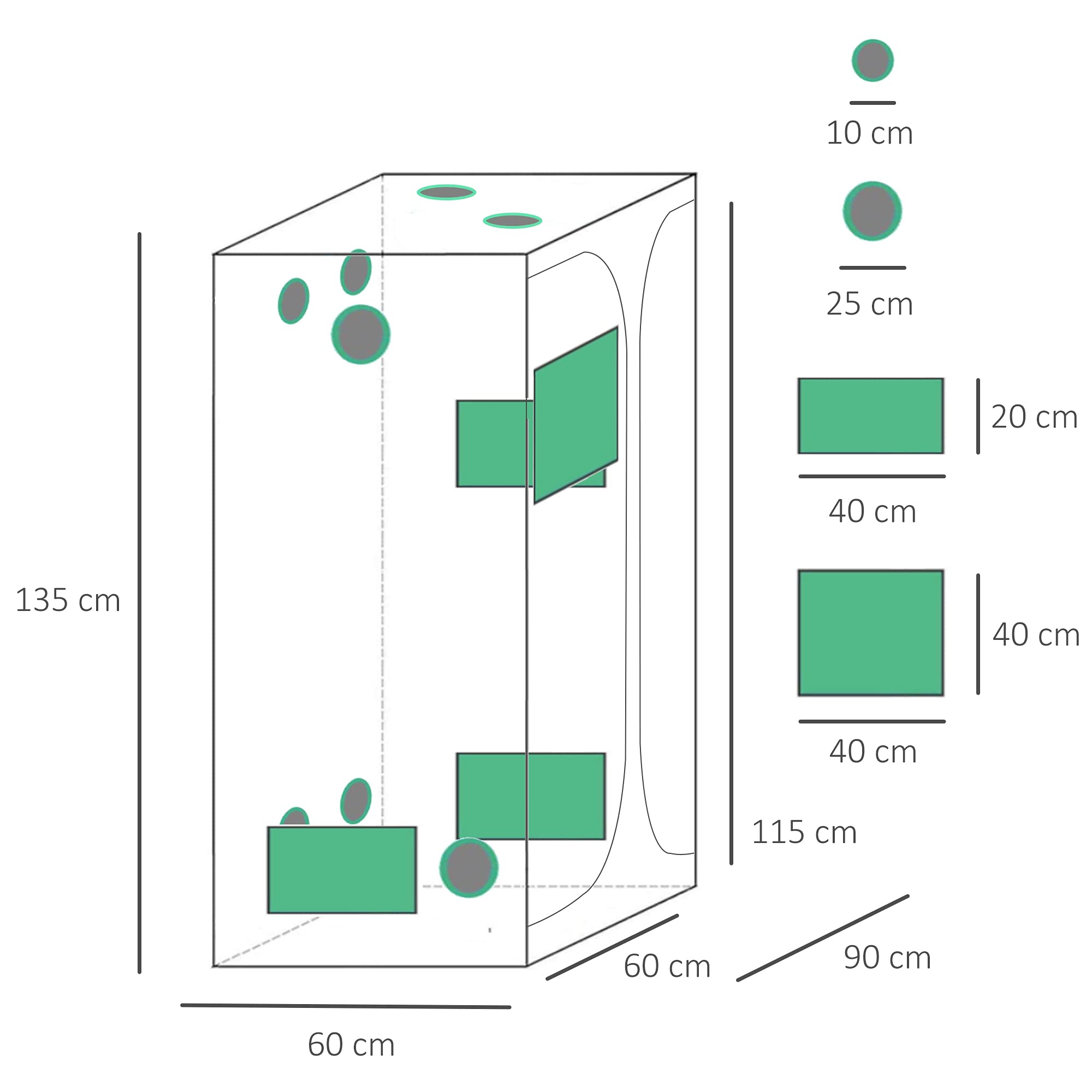 Outsunny Serra Idroponica per Interni, Tessuto Riflettente e Prese d'Aria, Porte e Finestre, 90x60x135cm Nero e Verde