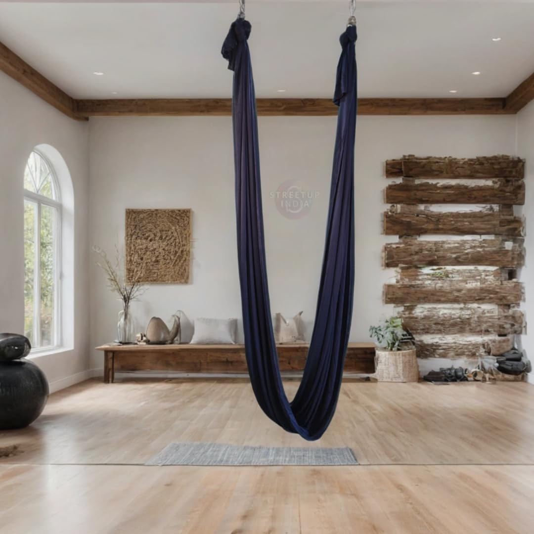 Streetup India® Lycra Fabric Aerial Swing/Yoga Hamock With 20 Feet Long Fabric With Carabiner and Ring (Neavy Blue)