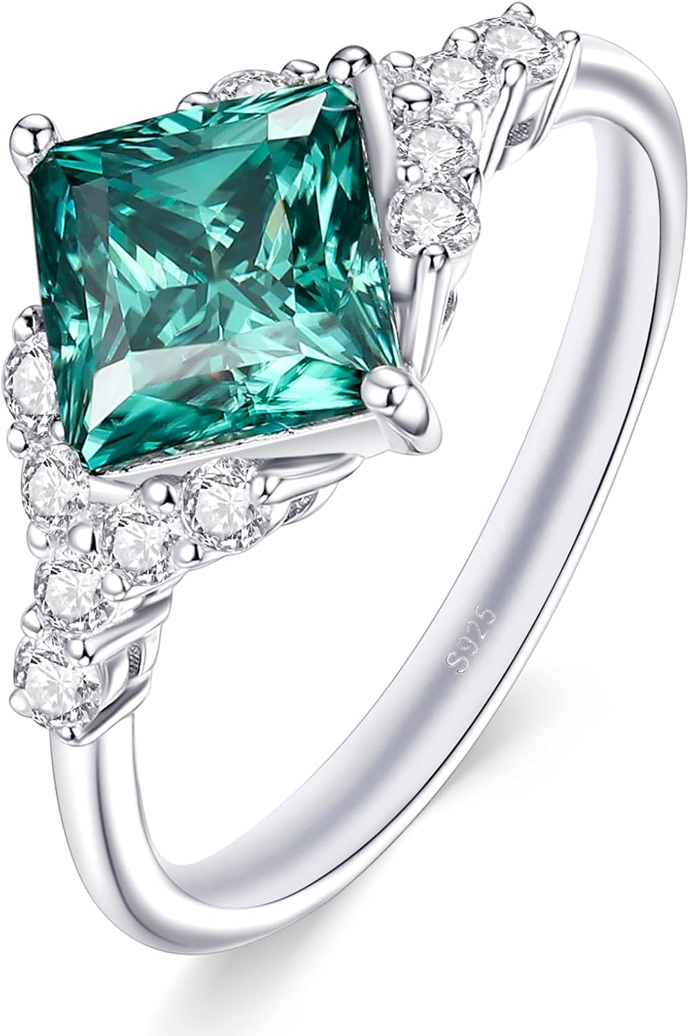 1.9CTTW Princess Cut Blue Green Moissanite Engagement Rings for Women – 925 Sterling Silver Fashion Statement Cluster Ring, Size 5-10 | St. Patrick's Day Lucky Green Jewelry Gift
