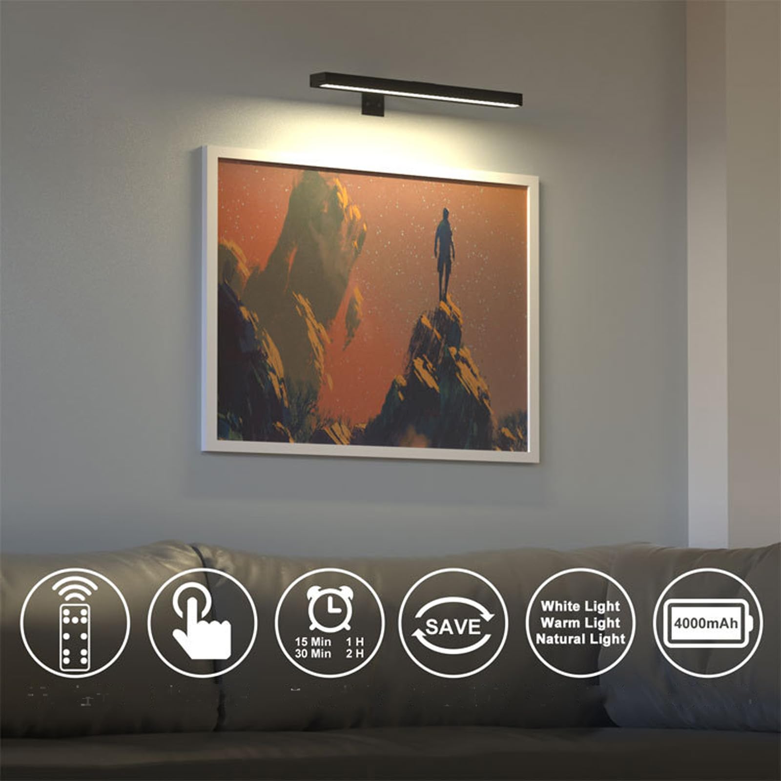 Inalámbrica LED Apliques de Pared USB Recargable Lámpara de Pared con Mando Distancia Iluminación de Pared Control Táctil Regulable 2700K/4500K/6500K para Pintura Galería Diana (1 Pieza,40cm)