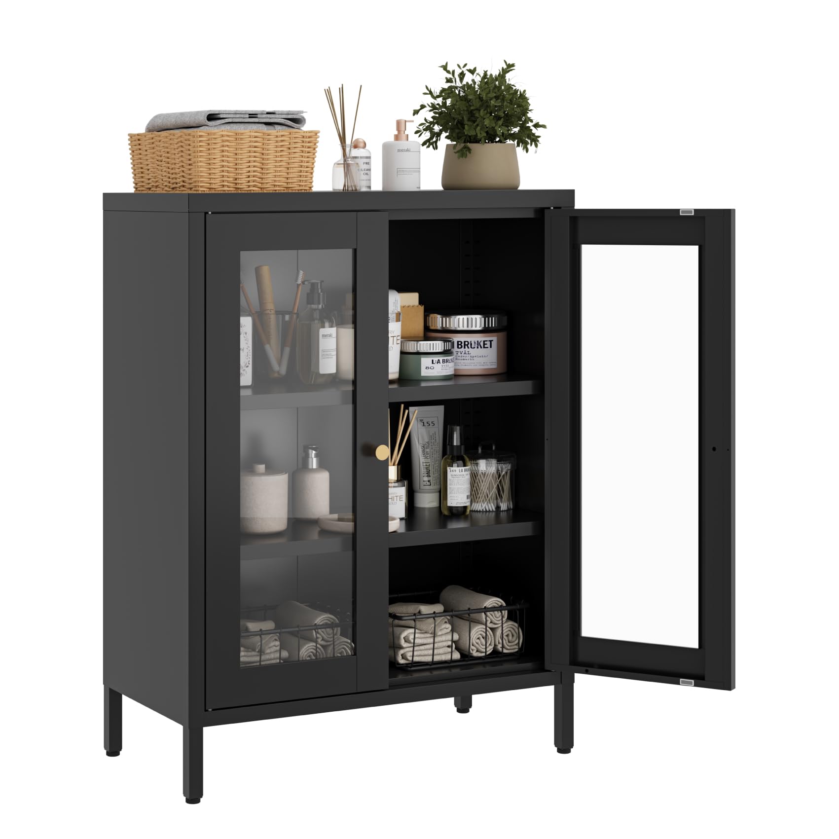 Small Metal Cabinet with Glass Doors,Display Storage Cabinet with 2 Adjustable Shelves for Bathroom Entryway Living Room Dining Room Kitchen,3-Tier,11.8" D x 23.6" W x 31.5" H, Black