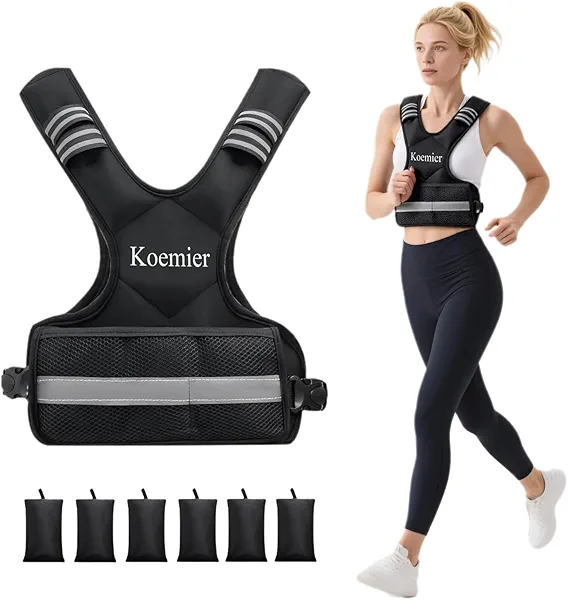 Koemier Adjustable Weighted Vest for Men and Women,4-10lb/11-20lb/20-32lb Vest with 6 Ironsand Weights,with Reflective Stripe,for Strength Training, Running, Fitness, Walking
