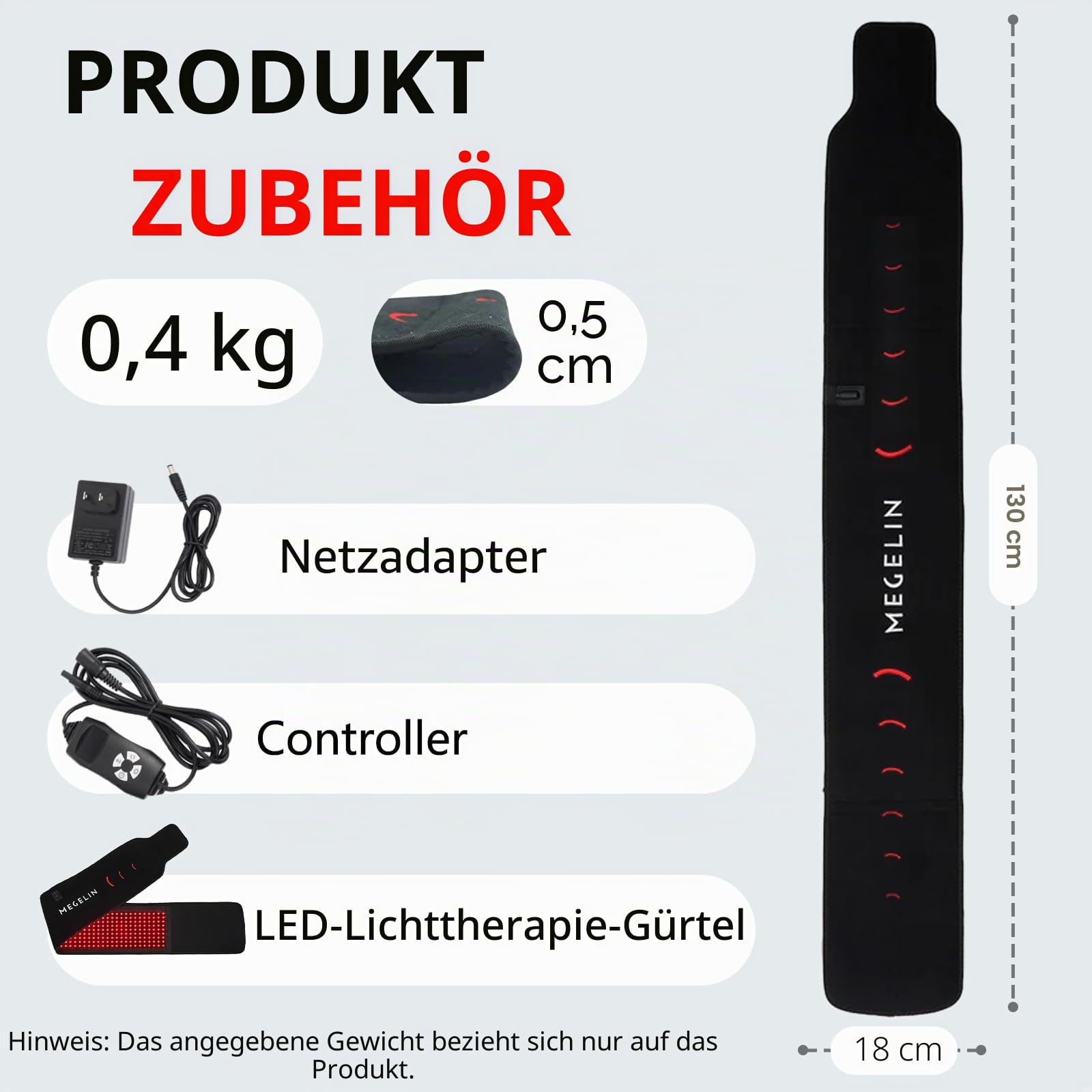 Megelin ContourLux Rotlicht-Gürtel mit 1,350 LEDs, Rotlichtgürtel mit Zeiteinstellungen, 6 Lichtmodi, Rotlichttherapie-Gürtel für Beine, Rücken, Taille, Schultern