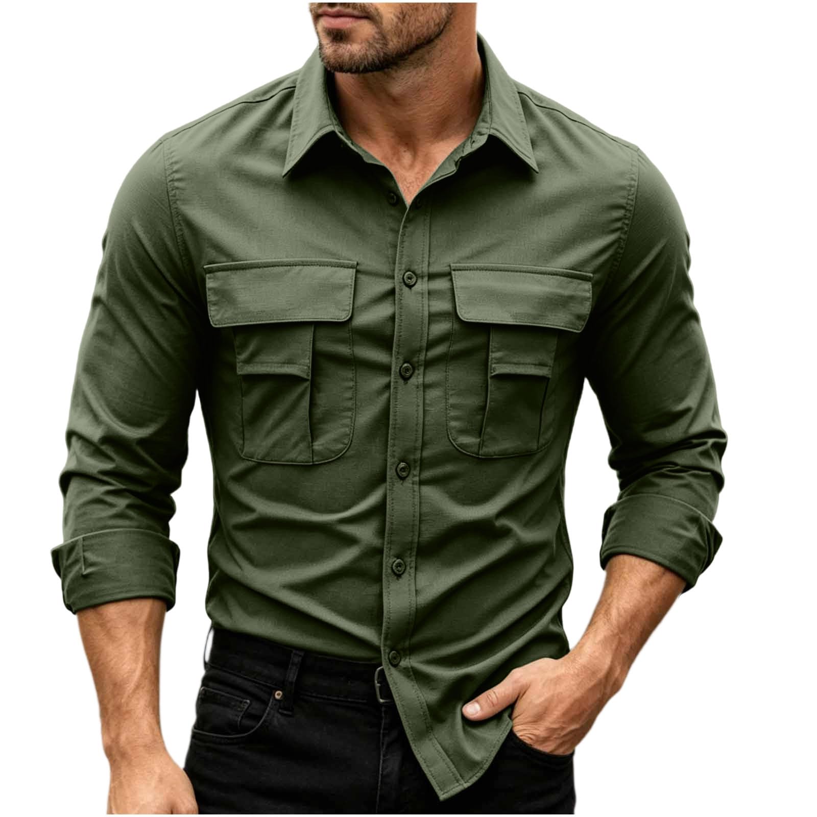 Camisa Hombre de Trabajo Tallas Grandes Cuello Solapa Camisas de Exterior Senderismo Camping Secado Rápido Camiseta Deporte Manga Larga con Bolsillos Cómodo Transpirable Ropa Outdoor