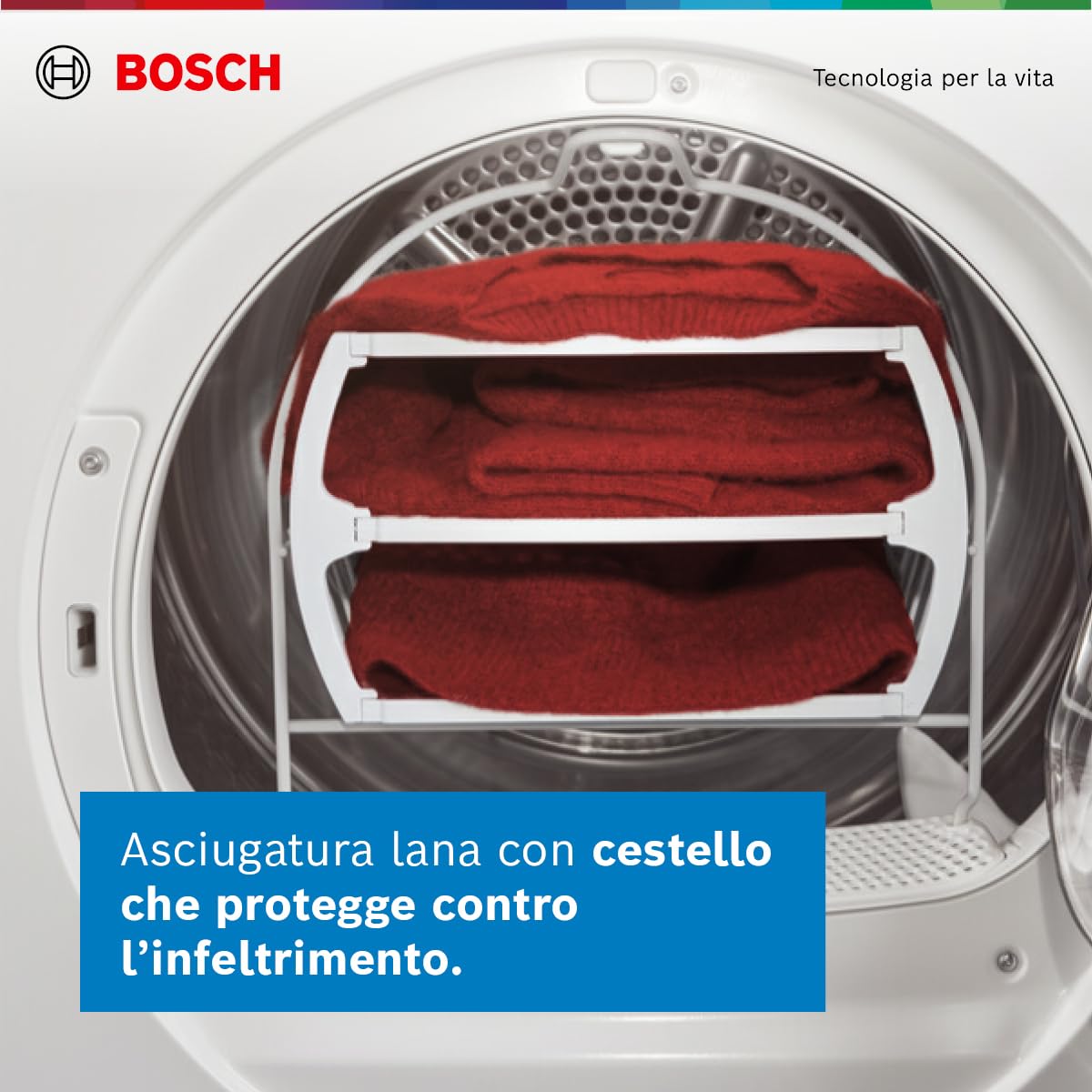 Bosch WQG245D0IT Serie 6 Asciugatrice smart a pompa di calore, 9 kg, Classe energetica C, Condensatore autopulente, Cestello per capi in lana, Sensori di asciugatura intelligenti, Bianco, 60 Cm
