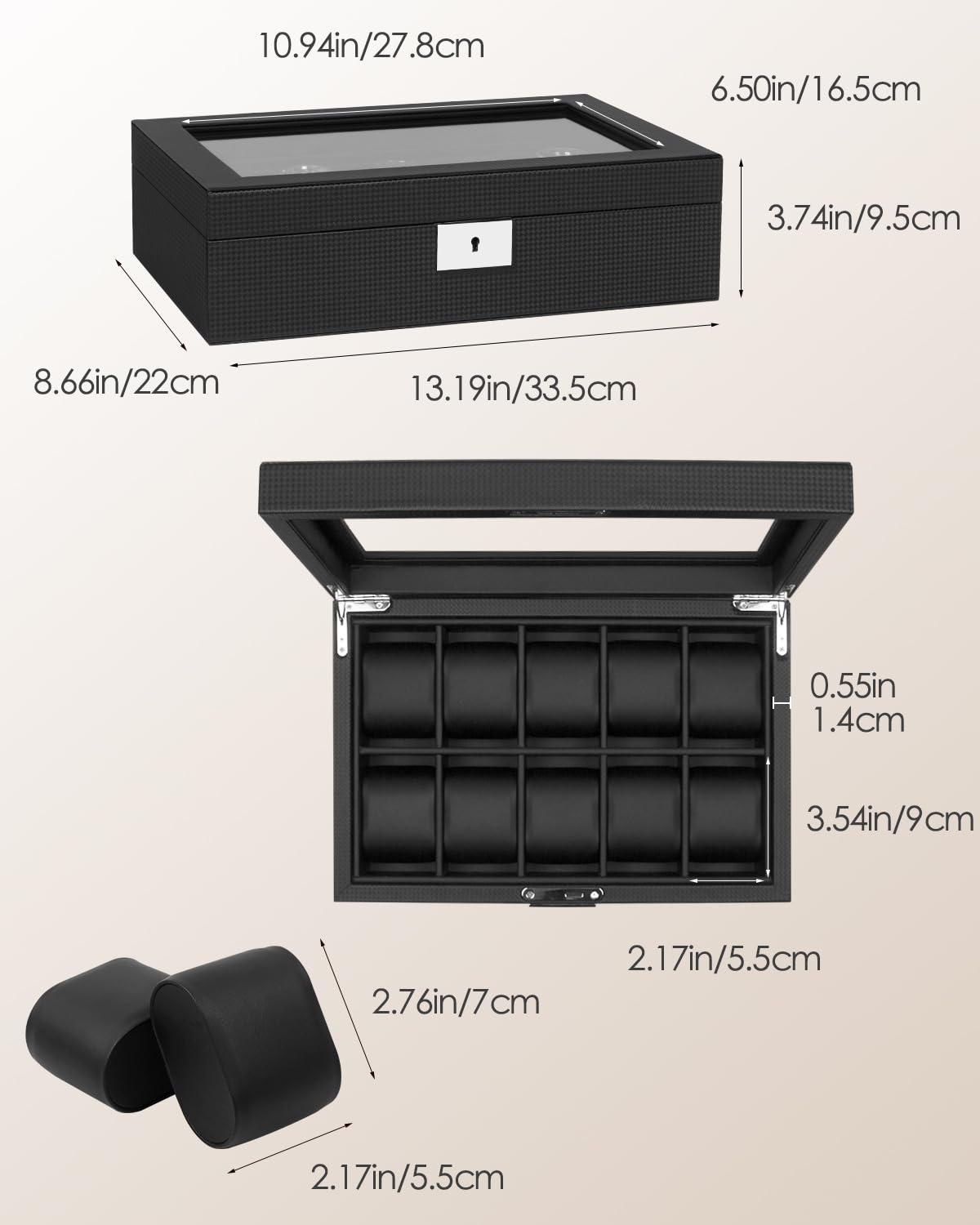 BDJ108BLACK Boîte à montres 10 compartiments de rangement en cuir synthétique avec verre et serrure pour montre homme et femme Noir