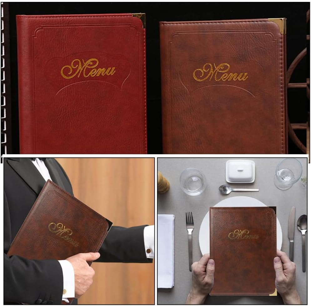 2pcs Pu Leather Menu Cover Holder Reusable Restaurant Menu Book Pages for Bars Cafes and Hotels Replacement Stylish Design Wine Red and Coffee