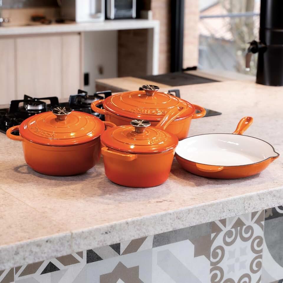 Kit Jogo Panelas Esmaltadas Antiaderente Ferro Fundido Chama e Indução Com Inmetro Estilo Creuset Premium (Laranja)