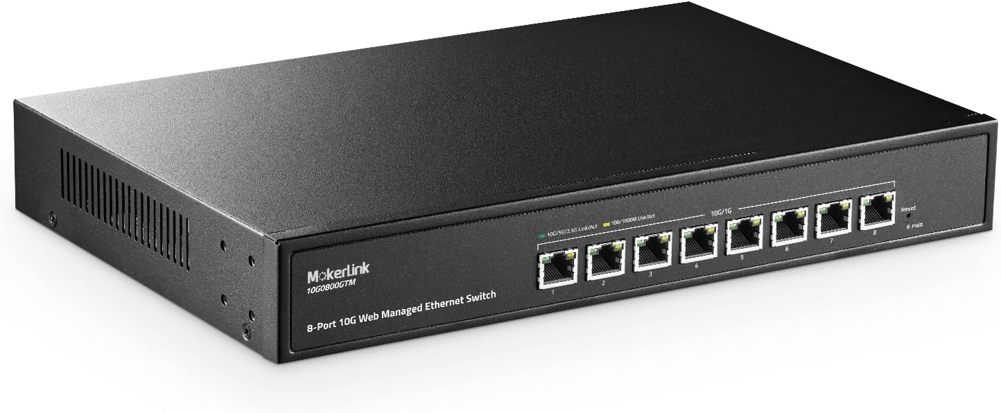 8 Port 10 Gigabit Managed Switch, Support 10G/5G/2.5G/1000M Auto-Negotiation, 160Gbps Bandwidth, Smart Web Managed, Metal Rackmount Ethernet Switch