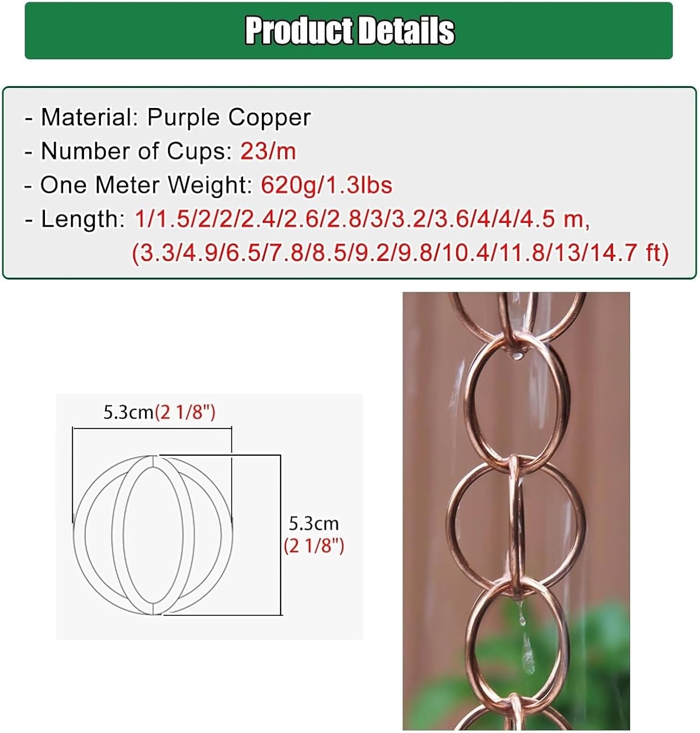 Rain Chains，Decor Rain Chain ， Ring Rain Chain Copper, Hanging Downspout Rain Catcher Chain with Metal Hook, Japanese Rain Chains(Deep Coffee,3.2m/9.8 ft)