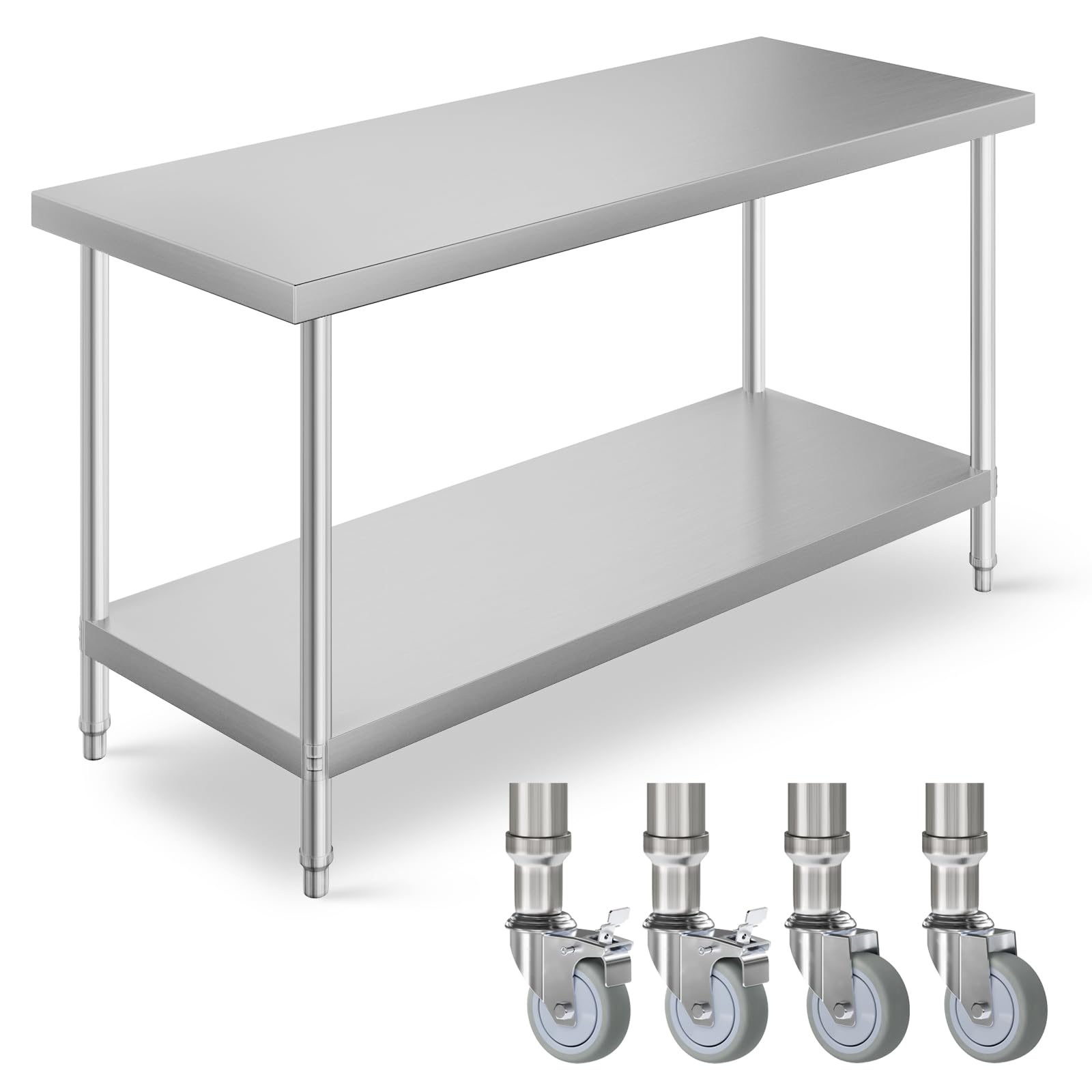 150 x 60 x 80cm Kitchen Catering Table, Stainless Steel Food Prep Table, Rolling Commercial Work Table with 4 Wheels & Bottom Shelf, Heavy Duty Food Preparation Workbench for Restaurant Garage