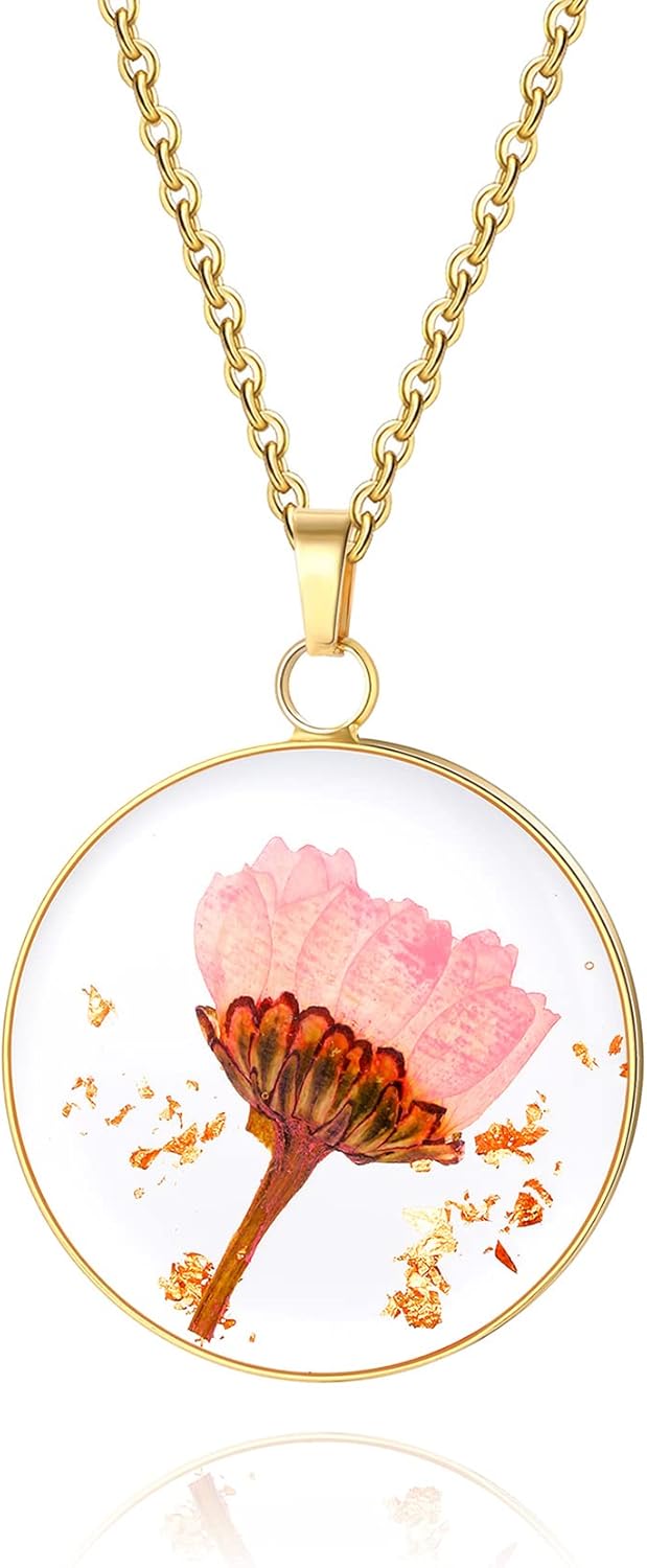 BIRDAYPRE Handmade Pressed Flower Pendant Necklace Birth Flower Necklaces Round Resin Necklace for Women Girls 18K Gold Plated Chain Flower Jewelry