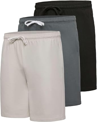 Real Essentials 3 Pack Mens 9" Cotton Fleece Sweat Short Casual Gym, Lounge & Sleep Shorts with Pockets