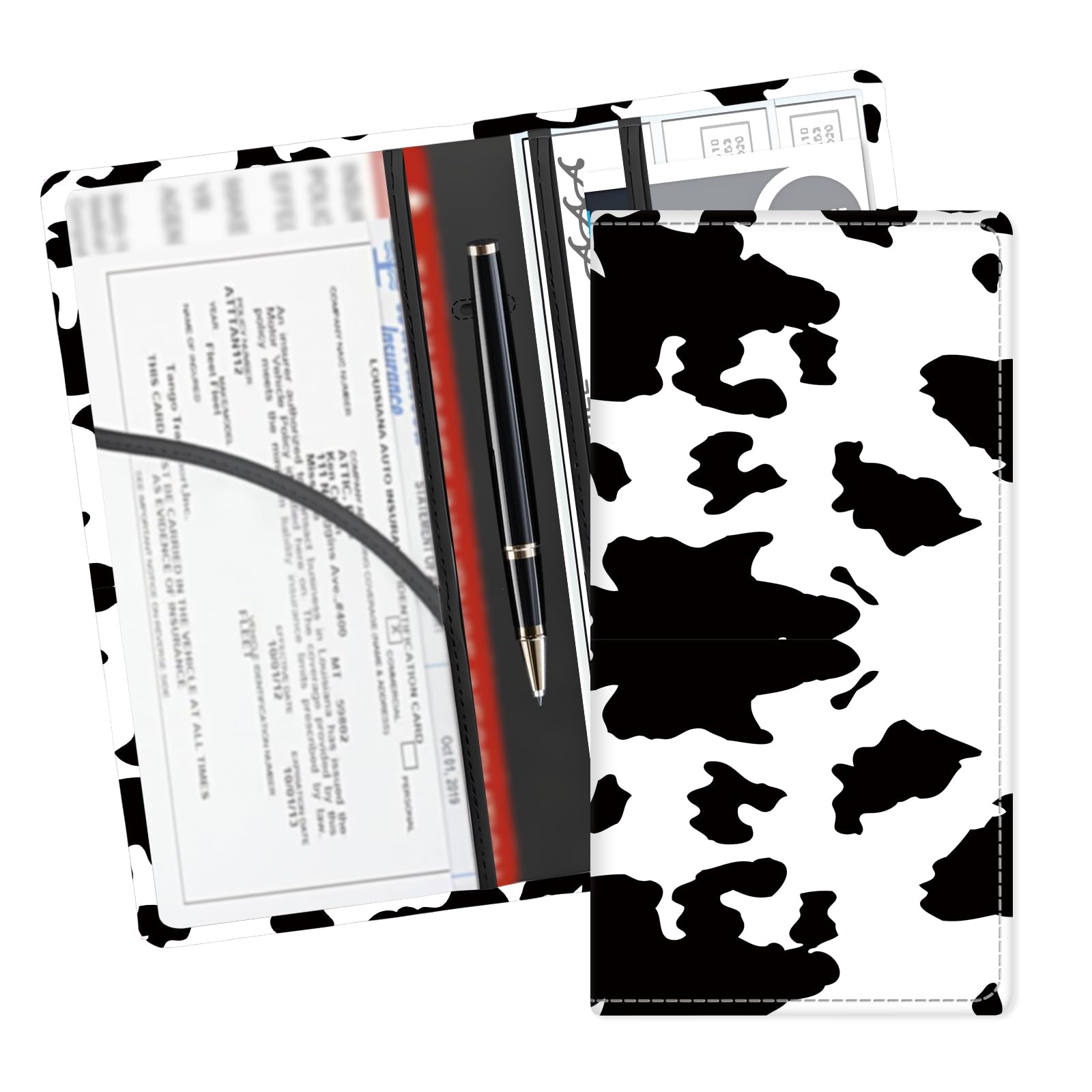 Porta carte di registrazione e assicurazione per auto, in pelle, accessori per auto, portaoggetti per auto, organizer per documenti, carte, patente, mucca bianca e nera