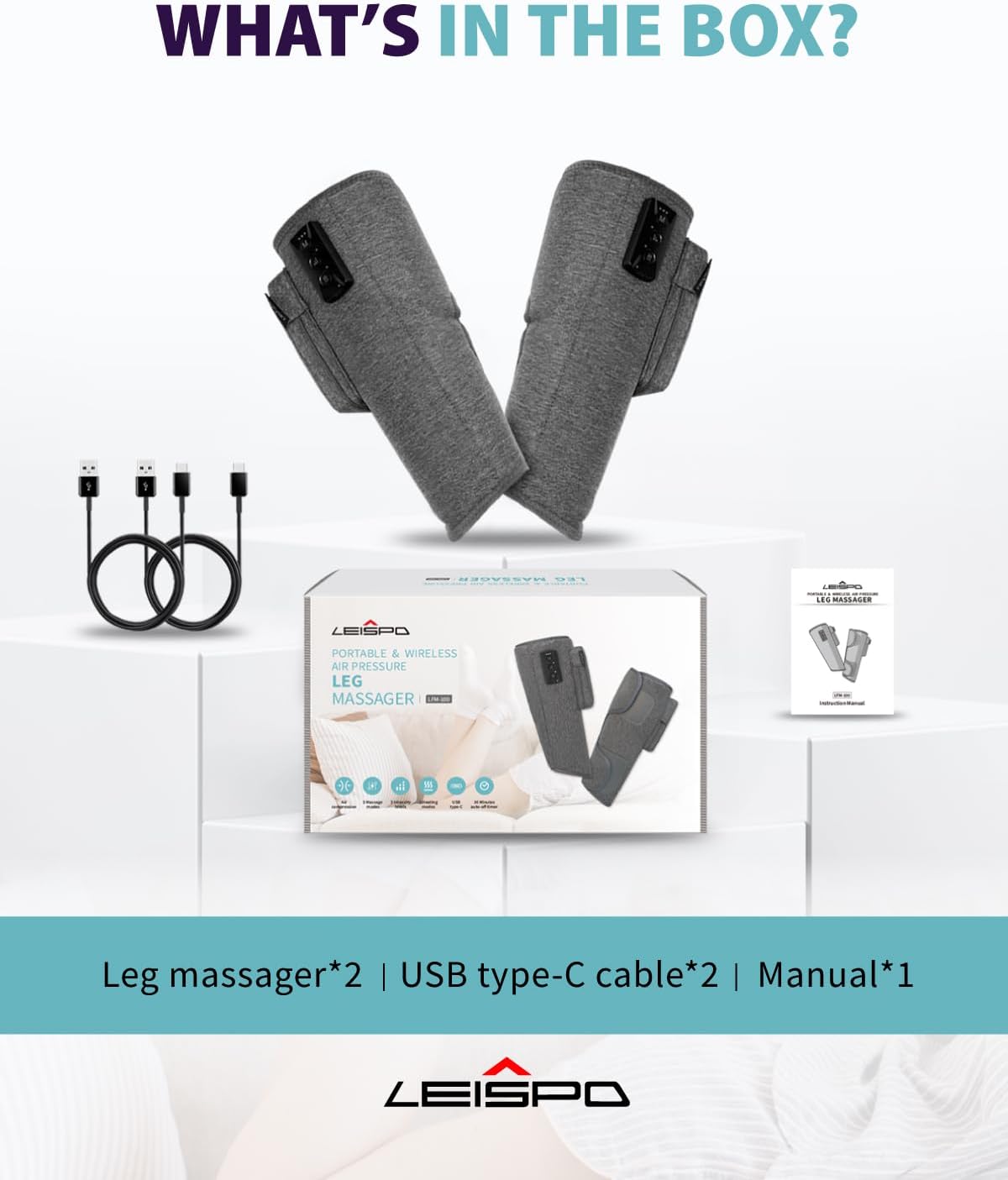 Wireless Leg Massager - Air Compression Cordless Calf Massager with Heat for Circulation, Pain Relief, and Recovery, 4 Modes & 3 Intensities, Portable and Adjustable (Gray, Set of 2) - Image 8