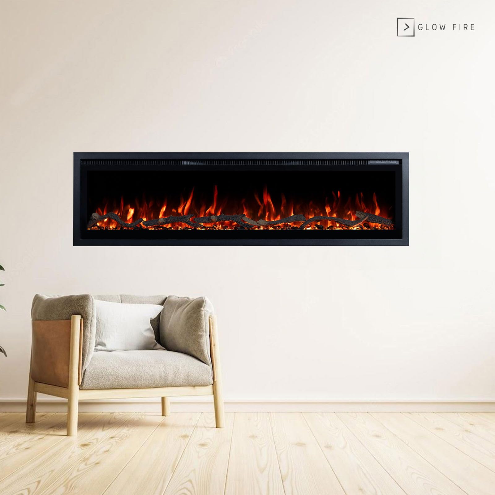 GLOW FIRE Camino elettrico Core 127 con fuoco LED realistico 3D – Camino elettrico da parete con riscaldamento e camino, controllo app, effetto scoppiettante e timer, max. 1800 W, 127 x 35 x 12 cm