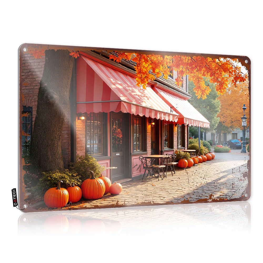 Fzfn Colour Bath Sets, Tin Wall Decor Walls Nice Autumnal Scene With Pumpkins Outside A Cozy Cafe | Rustic Cottage Wall Art(30X40cm)