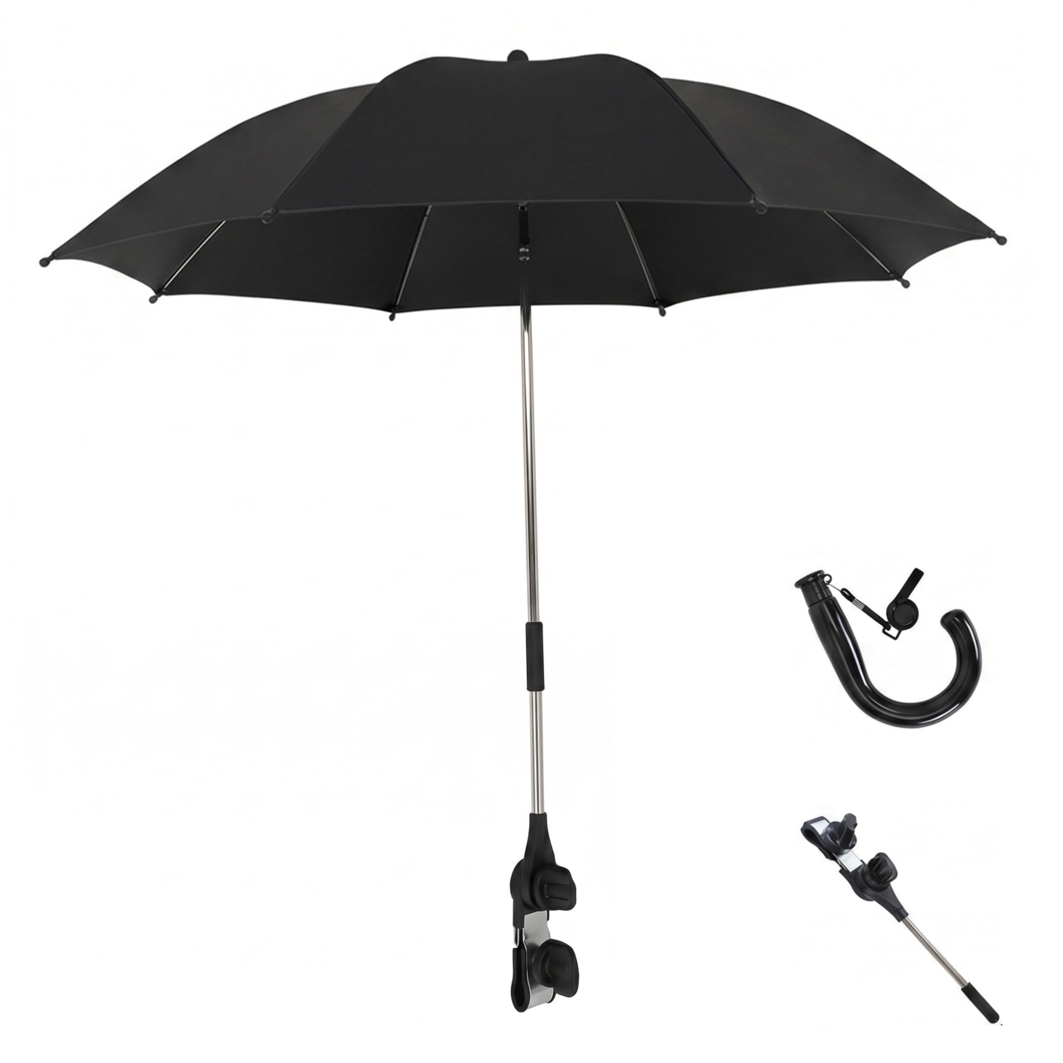 Uanqfegy Stroller Umbrella Attachment, 360° Adjustable Clip On Umbrella, UPF 50+ Black Vinyl Sun Shade for Strollers, Black