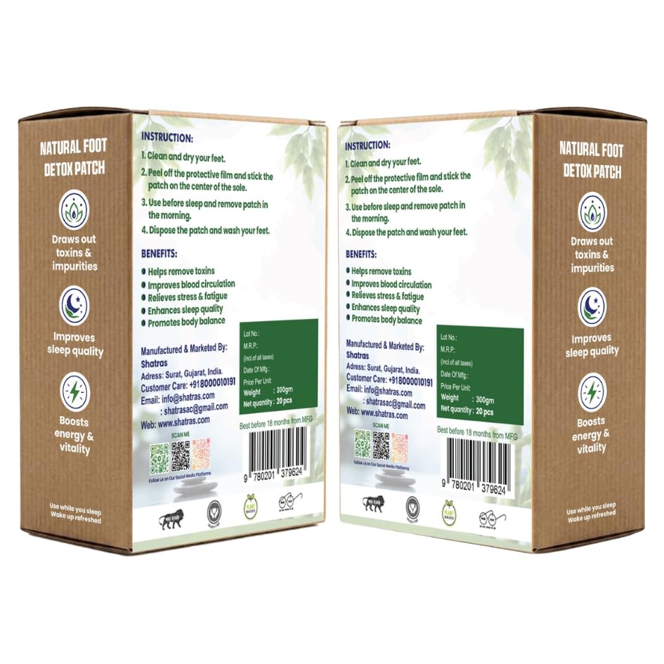 Image of Shatras Herbal Foot Patch for Detox & Relaxation | Overnight Foot Pads for Tired Feet | Natural Ingredients for Sleep Aid, Pain Relief, Toxin Removal with Bamboo Vinegar Foot Patches with Adhesive Sheets-20 Pieces (PACK OF-2)